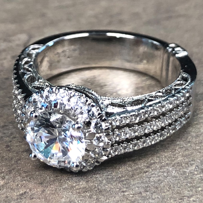 14K White Gold Triple Row Round Halo Engagement Ring